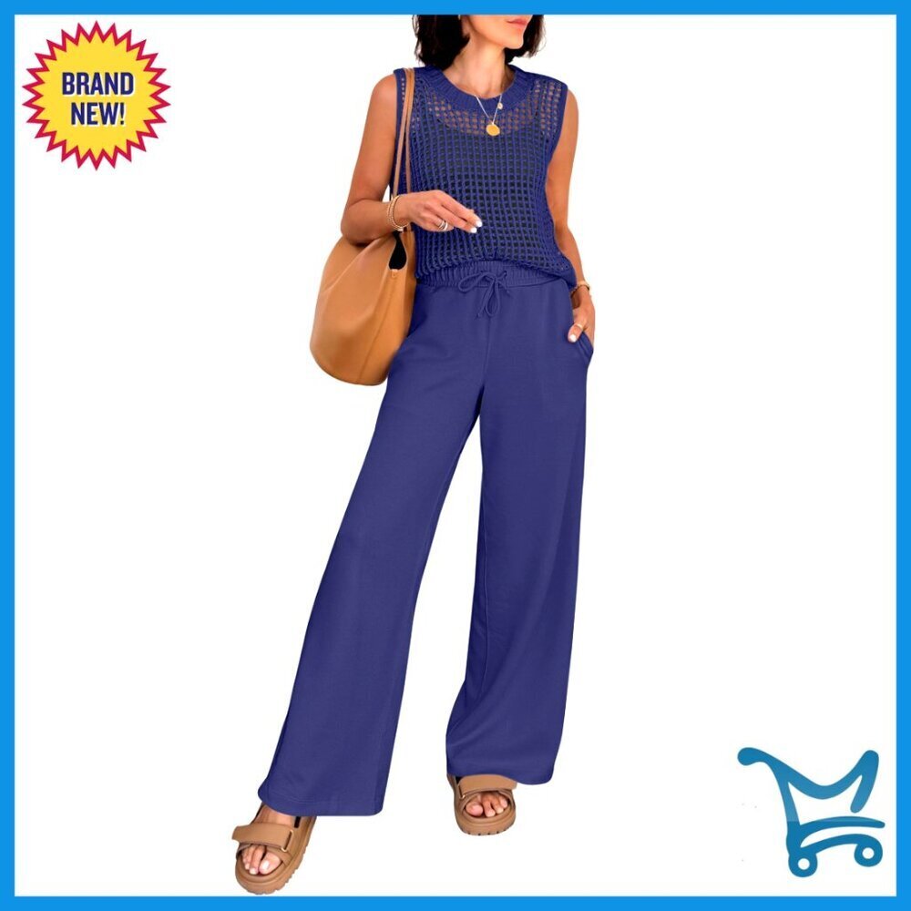 Crochet Sweater Vest Wide Leg Pants Matching Set S M L XL